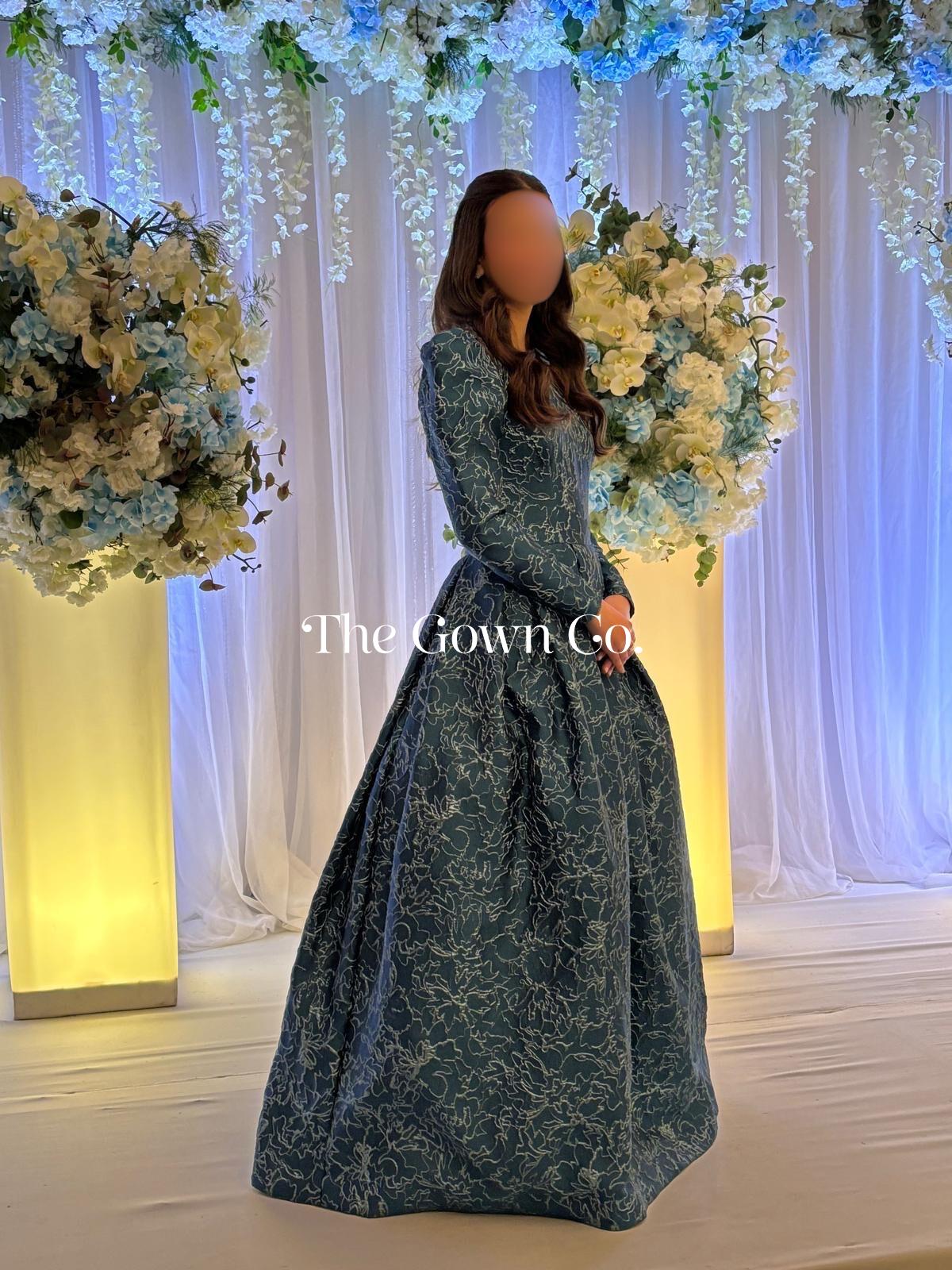 Custom Blue Floral Jacquard Gown