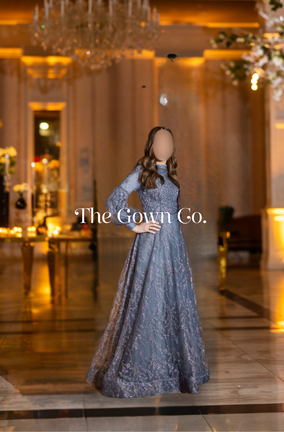 Gorgeous Miri Blue Gown with Embroidered Vine Pattern