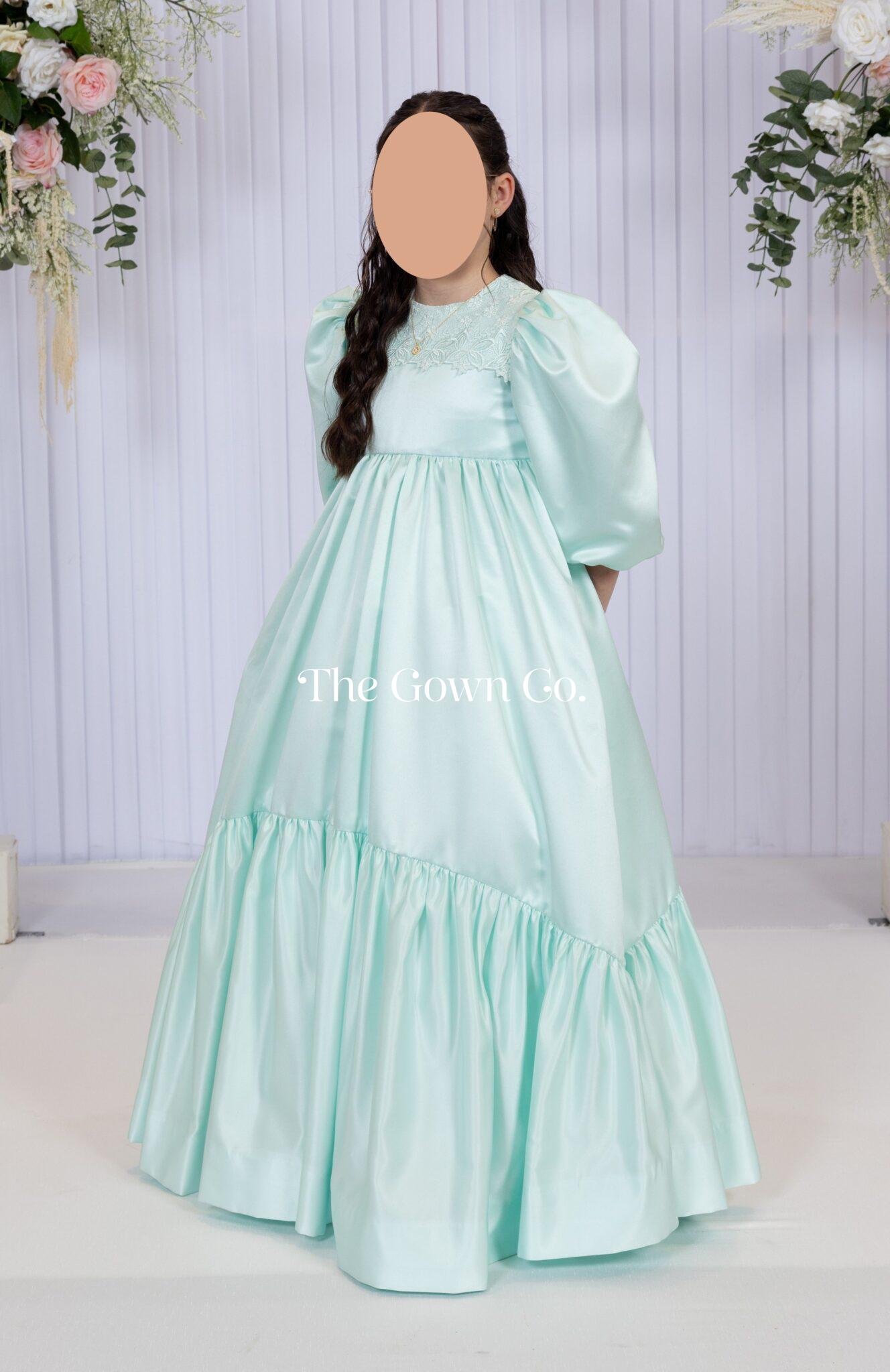Beautiful Custom Satin Mint Green Children’s Gown (Size 12/14)
