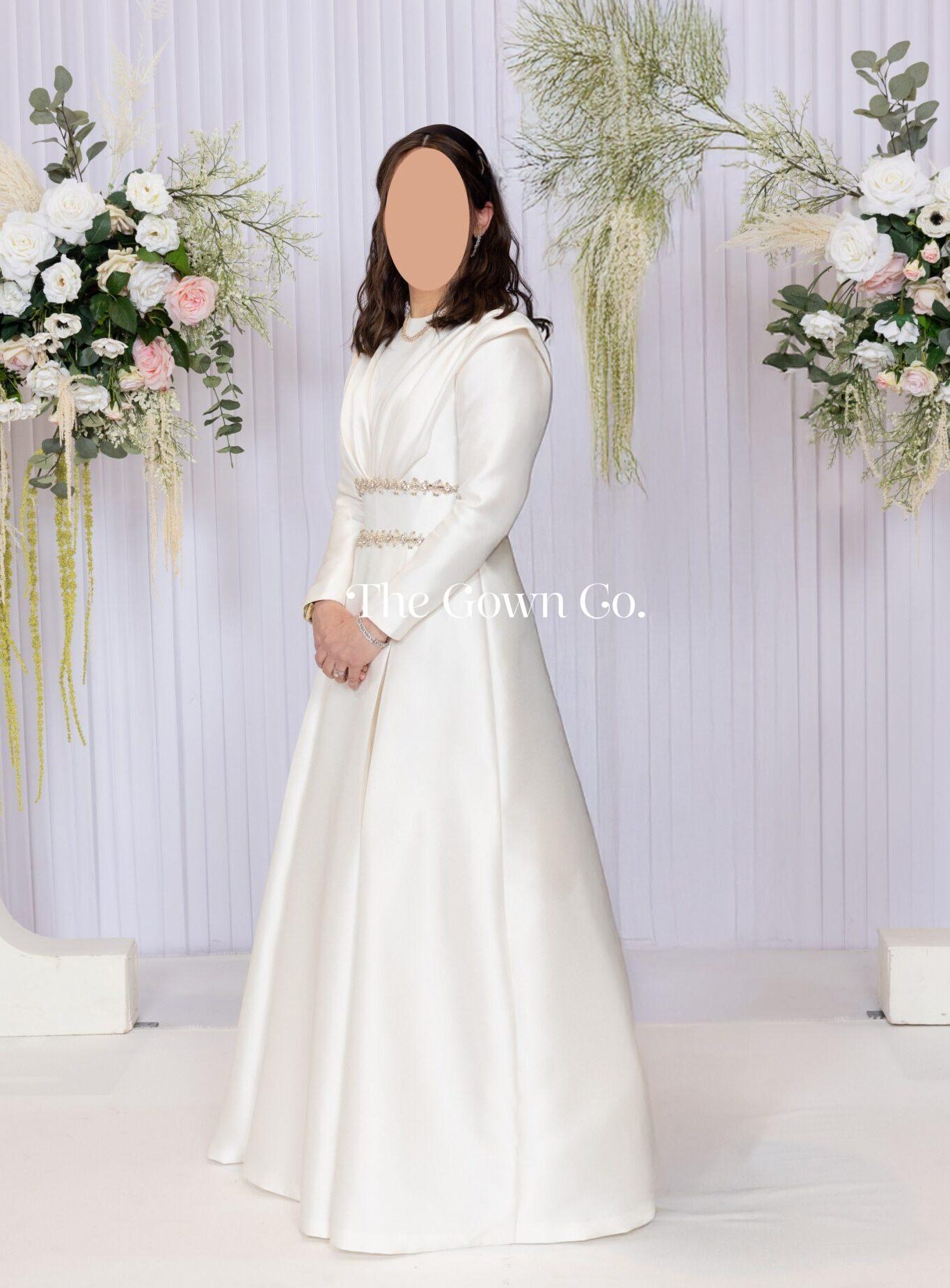 Elegant Custom Ivory Satin Gown with Double Beaded Waist