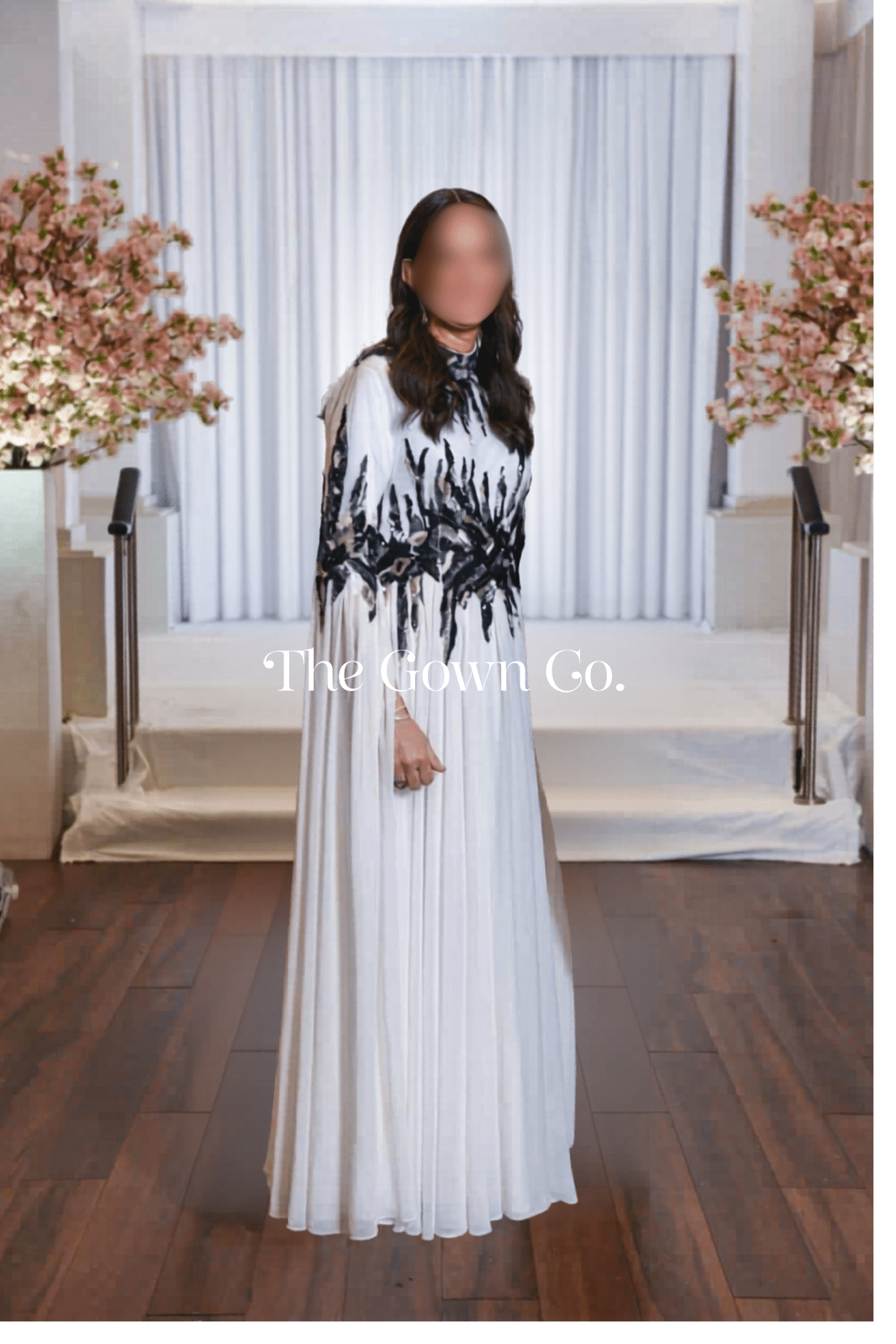 Elegant White Miri Chiffon Gown with Floral Sequin Pattern