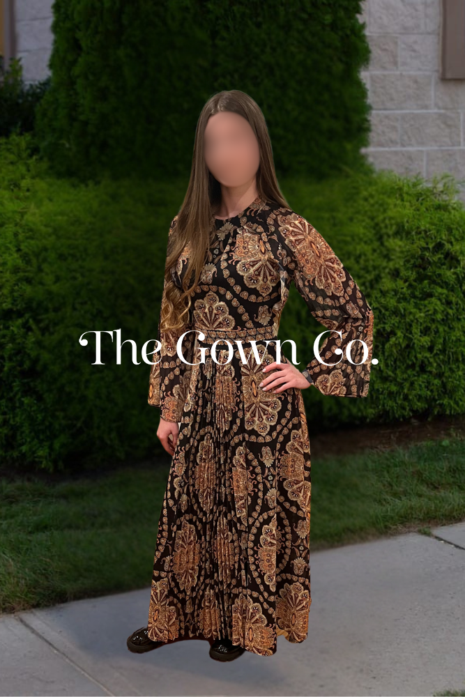 Black Paisley Pleated A-Line Dress