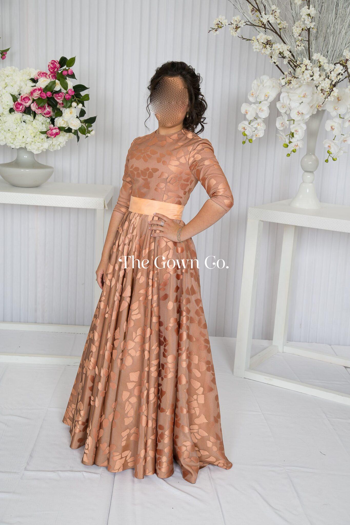 Beautiful Custom Dusty Peach Gown with Metallic Abstract Pattern