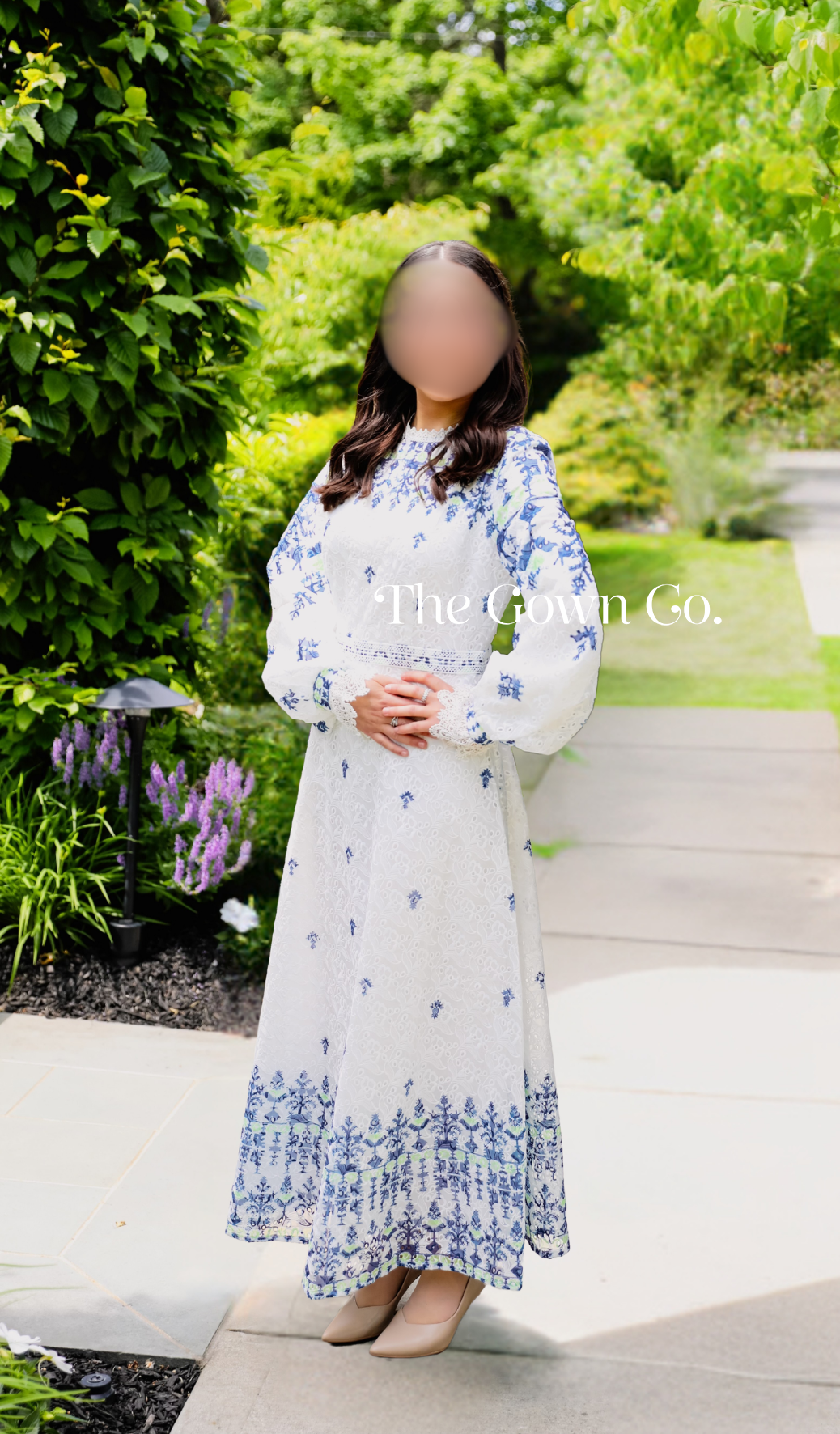 White Lace Midi Dress with Navy Floral Detailing