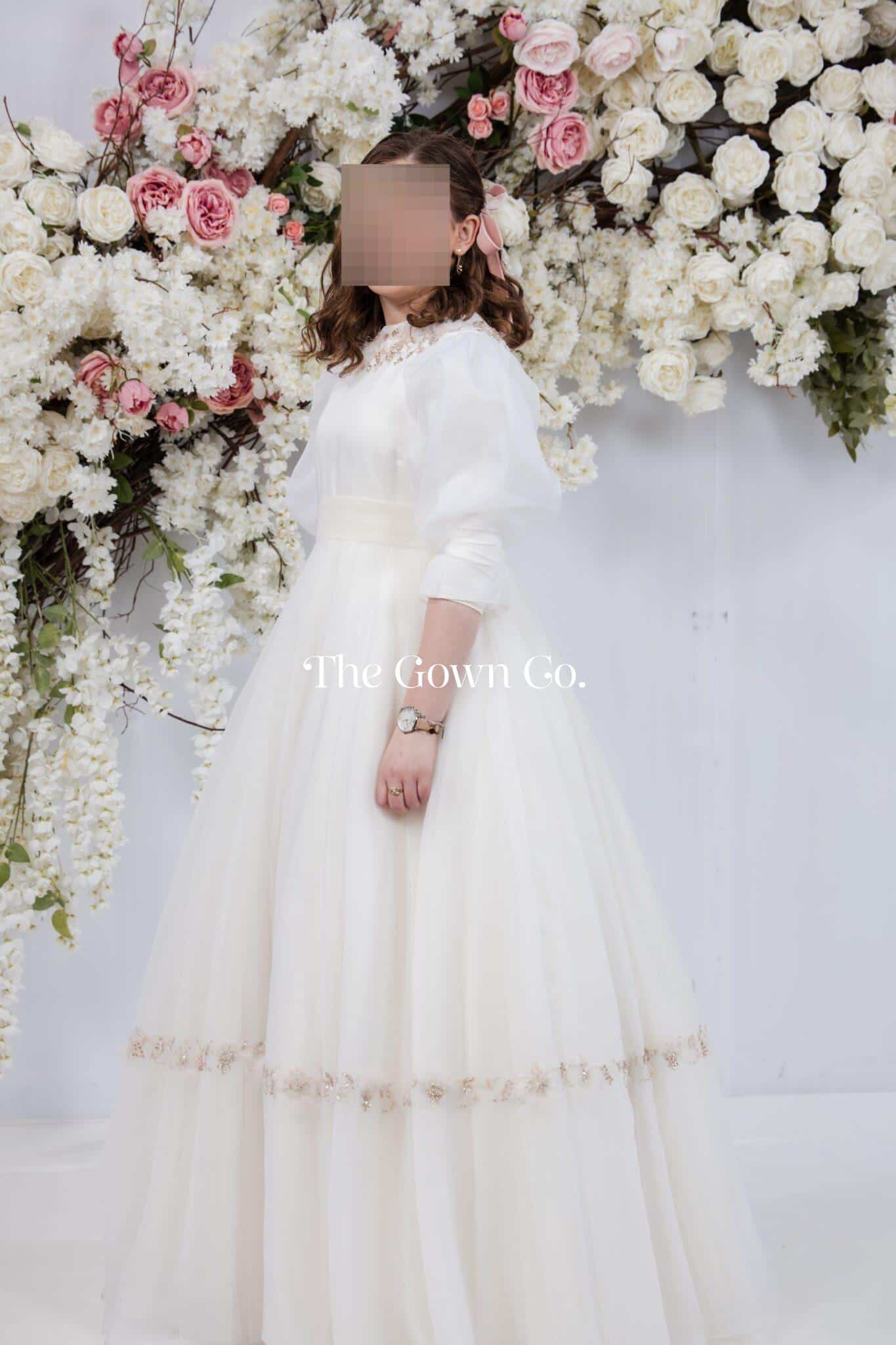 Stunning Ivory Organza Gown with Floral Beaded Neckline